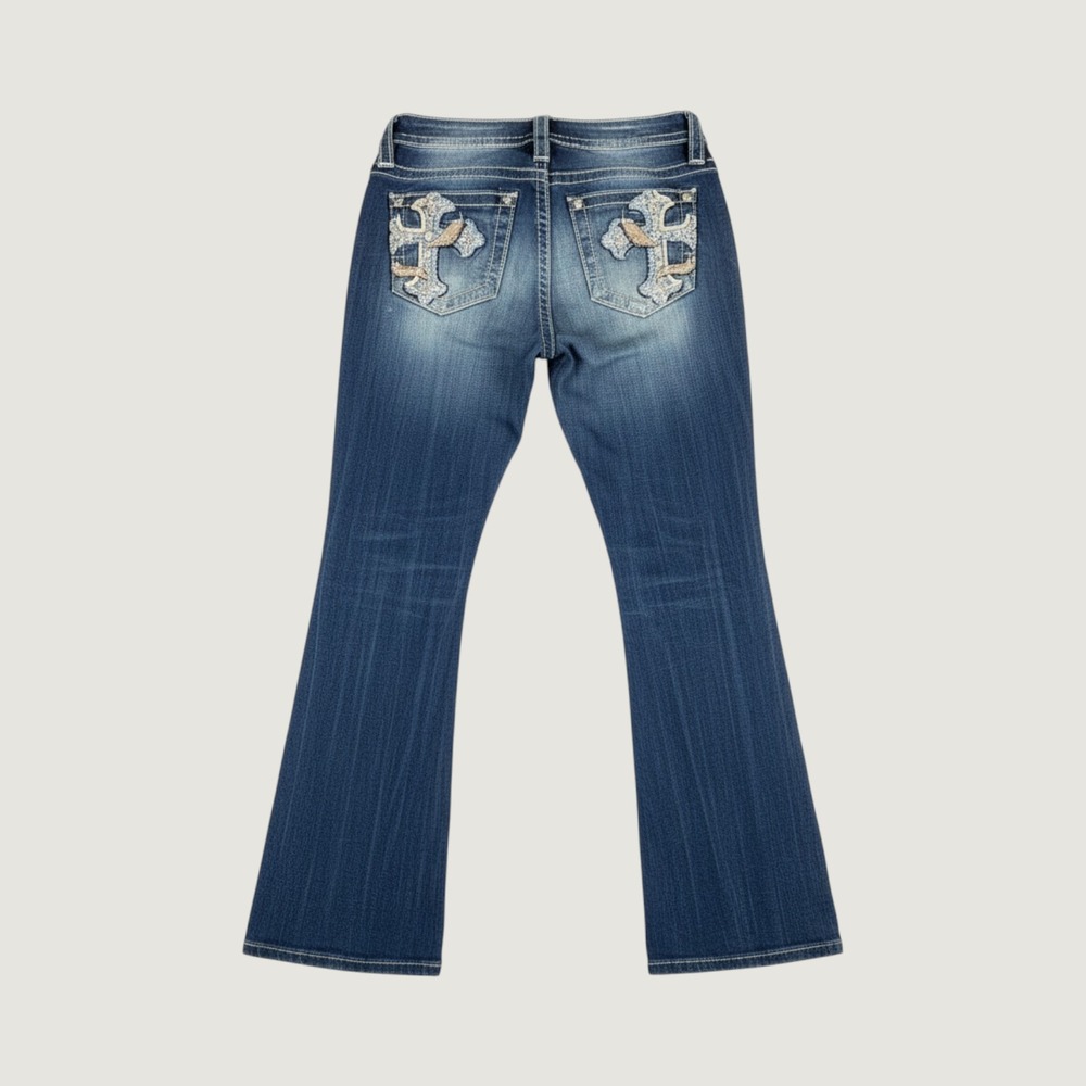 Miss Me Mid-Rise Bootcut Jeans 27 Dark Wash Embroidered Cross Feather M3915B
